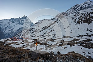 Trekker on the way to Annapurna base camp, Nepal