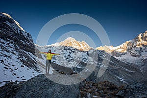 Trekker on the way to Annapurna base camp, Nepal