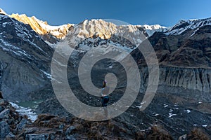 Trekker on the way to Annapurna base camp, Nepal