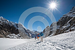 Trekkers crossing Cho La pass in Everest region, Nepal