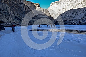 Trekkers on frozen zanskar in chadar trek