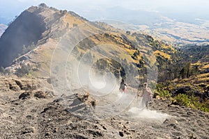 Trekkers walk down from Rinjani summit peak, Rinjani mountain