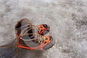 Trekking boots with ice crampons