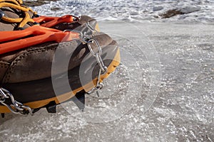 Trekking boots with ice crampons