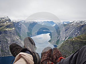 Trekking boots over the fjord