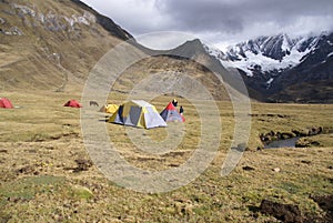 Trekking camp on flat dry river pastures