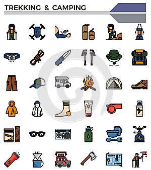 Trekking and camping icon set