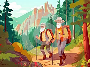 trekking couple walking senior active grandfather old elderly happy hiking. Generative AI.