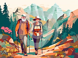 trekking happy elderly old couple grandfather walking active senior hiking. Generative AI.