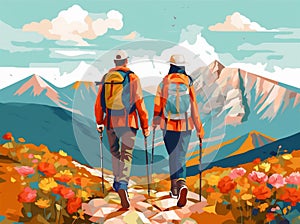 trekking happy grandfather couple elderly active hiking walking old senior. Generative AI.