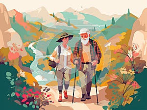 trekking hiking active senior old couple happy walking grandfather elderly. Generative AI.