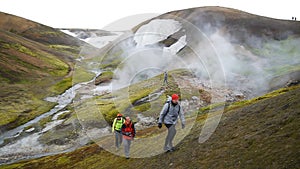 Trekking. Hot steam from a geothermal pool in Landmannalaugar, Iceland.