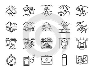 Trekking line icon set. Included the icons as view, nature, camping, mountain, forest, backpacking, travel, sunset and more.