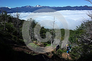 Trekking on mountain above clouds, Couple walking on mountainside in Puyehue National Park