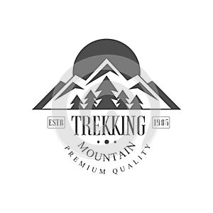 Trekking mountain premium quality estb 1985 logo design, vintage black and white mountain exploration outdoor adventure