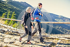 Trekking in mountains.