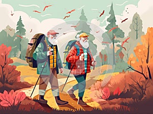 trekking old elderly happy hiking grandfather active walking senior couple. Generative AI.