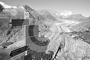 Trekking path with panoramic view to the melting Aletschglacier