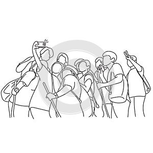trekking people taking selfie picture together illustration vector hand drawn isolated on white background
