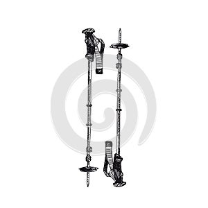 Trekking poles hand drawn black and white vector illustration.