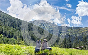 Trekking shoes on a background of forested mountains and sky