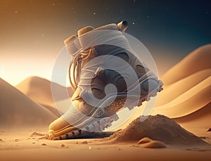 Trekking shoes in desert sand. Military sport trekking footwear. Combat boots. Generative AI