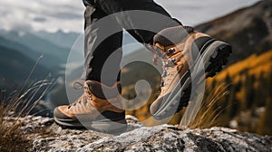 Trekking Shoes Traverse the Mountainous Area as the Hiker Conquers the Hilltop. Generative AI