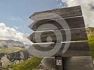trekking sign on Puez mountain in dolomites badia valley panorama landscape