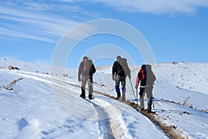Trekking on snowy path on a sunny winter day
