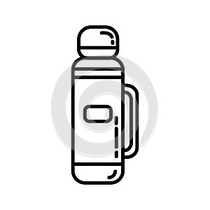 Trekking thermos bottle flat line icon. Camping or hiking element vector isolated image on white background. Glyph pictogram for