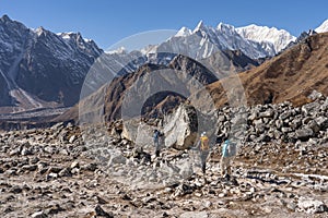 Trekking trail between Larkya pass to Bimthang village, Manaslu trek, Himalayas mountain, Nepal