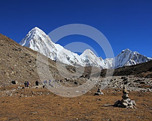 Trekking trail leading towards the Everest Base Camp and snow covered Mount Pumori