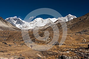 Trekking trail to Amphulapcha base camp surrounded by Himalaya mountains range, Everest region in Nepal photo