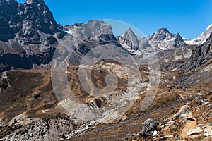 Trekking trail to Dzongla village, last village before cross Chola pass in Everest base camp trekking route, Himalaya mountians
