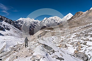 Trekking trail to Larkya pass in Manaslu circuit trekking route, Himalaya mountains range in Nepal