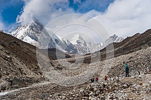 Trekking trail to Lobuche village in Everest base camp trekking route, Himalaya mountains range in Nepal photo