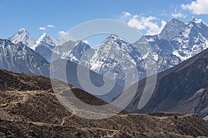 Trekking trail to Thukla pass with Kangtega mountain peak, Everest region