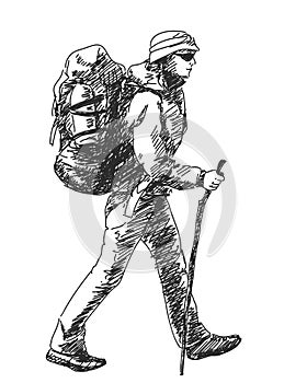Trekking woman with big backpack and stick isolated vector sketch, Outdoor activity people