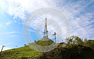 Trellis with many parables and television and radio antennas on Jaragua Peak, Sao Paulo, Brazil photo