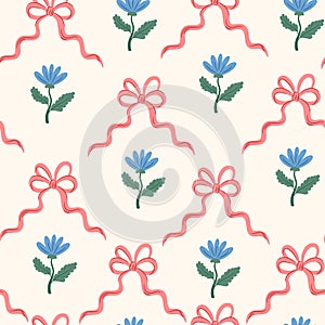 Coquette trellis floral seamless pattern with bows and ribbons. Preppy floral bouquet background. photo