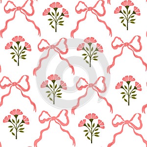 Coquette trellis floral seamless pattern with bows and ribbons. Preppy floral bouquet background. photo