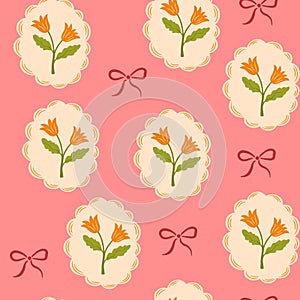 Coquette trellis floral seamless pattern with bows and ribbons. Preppy floral bouquet background. photo
