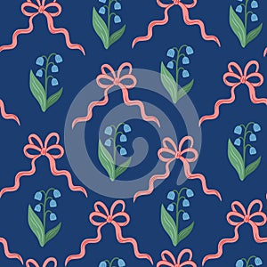 Coquette trellis floral seamless pattern with bows and ribbons. Preppy floral bouquet background. photo