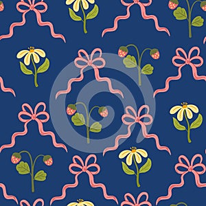 Coquette trellis floral seamless pattern with bows and ribbons. Preppy floral bouquet background photo