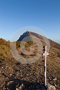 Trem summit on Dry mountain (Suva planina) with a wooden crossroads sign in the foreground photo