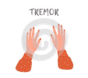 Tremor hands. Parkinson disease. Female arms with nails. Physiological stress symptoms. Vector illustration in flat