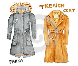 Trench coat. Parka. Hand drawn watercolor illustration.
