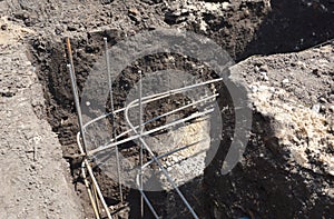 Trench corner with reinforced bars for house foundation construction