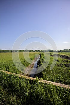 Trench with water in the middle of fields