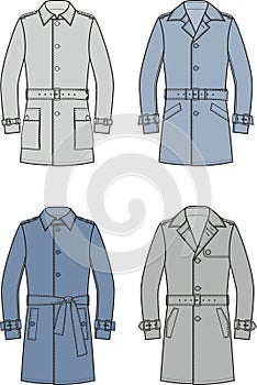 Trenchcoat set flat sketch. Overcoat apparel design. Front view. Men CAD mockup. photo